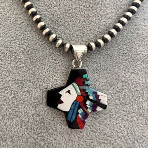 ❤️ Zuni Chief Head Inlaid Galaxy Cross Native Signed “GI” Pendant 6.9 Gm